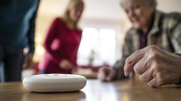 Concerned family gathers around a medical alert device, ensuring the safety and well-being of their elderly loved one at home, showcasing peace of mind through technology, featuring an emergency photo