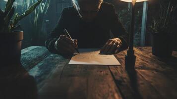 Contemplative Writer Under Dim Lamp Light A close-up capturing the essence of focused creation Observe a person writing on parchment with a pen, bathed in a warm glow from a table lamp The aged photo