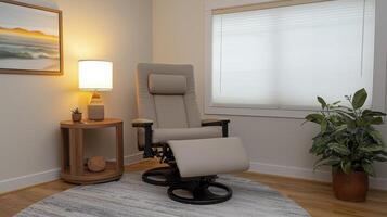 Discover tranquility in this serene interior featuring a comfortable recliner chair, perfect for relaxation and unwinding The cozy room showcases a circular rug, a quaint side table adorned with a photo