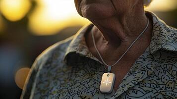 Elderly Man's Poignant Portrait A Close-Up Captures the Warmth of Sunlight Illuminating His Face, Revealing Lines of Experience and Character The Focal Point is a Dog Tag Necklace, Symbolizing photo