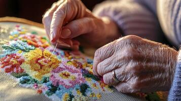 Embroidery Project Close-Up Capturing the Art of Needlework, A Woman's Hands Gracefully Stitching a Floral Design on Fabric, Showcasing the Intricate Details and Vibrant Colors of This Traditional photo