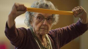 Empowering Senior Wellness Capturing the Spirit of Active Aging with a Determined Elderly Woman Exercising Using a Resistance Band for Strength Training and Rehabilitation, Promoting Physical Therapy photo