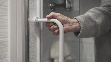 Enhancing Bathroom Safety A Close-Up on a Secure Grab Bar for Elderly Individuals, Providing Stability and Independence in the Shower Environment, Promoting Accessibility and Fall Prevention photo