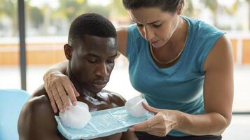 Explore the compassion and care in this image, highlighting a woman assisting a man with an ice pack for his chest, focusing on health, support, and recovery Witness the human connection as she photo