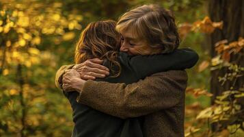 Heartwarming Embrace Capturing the Essence of Love and Connection in Autumn's Golden Hues, a Scene that Celebrates Family Bonds and Emotional Support Witness the Pure Joy and Comfort Shared Between photo