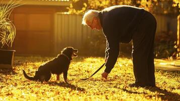 Heartwarming Moment A Senior Man's Affectionate Interaction with His Loyal Dog in a Sun-Drenched Garden, Demonstrating the Unbreakable Bond Between Humans and Animals, Capturing the Essence of photo