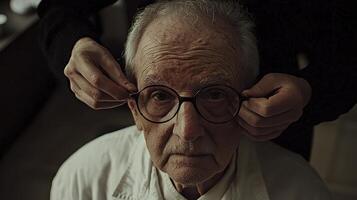 Intimate Moment An Elderly Man Receiving Assistance with His Glasses, A Touching Portrait of Care and Support, Captured in a Natural Light Setting The Crinkles on His Face Tell Tales of a Life Well photo