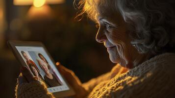 Smiling Elderly Woman Calling Family on Tablet Connecting Generations, Bridging Distances Through Technology, Capturing the Warmth of Human Connection, Showing Love and Affection, Digital photo