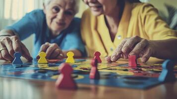 Two senior women share a joyful moment playing a board game in a brightly lit room, fostering connection and cognitive engagement This heartwarming image captures the essence of active aging photo