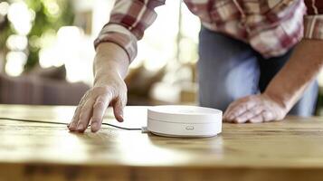 Unveiling the Future A Close-Up Look at a Smart Home Hub Connection on a Rustic Wooden Table, Blurring the Lines Between Modern Technology and Classic Design, Capturing the Essence of Seamless photo
