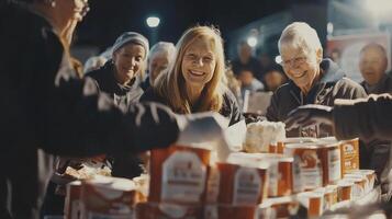 Volunteers serving warm food to people in need at a community event, illustrating kindness and charity This depicts a heartwarming scene of people helping others in a public space, sharing meals and photo