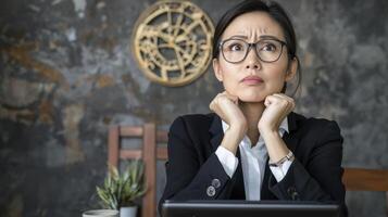 Worried Asian Businesswoman Portrait Stress and Uncertainty at Work Explore the challenges of modern professional life with this image of an Asian woman in a suit, expressing concern Perfect for photo