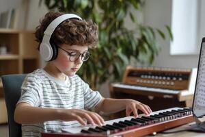 Young Boy Plays Piano at Home with Headphones On, a scene that captures the essence of childhood learning and musical exploration Enjoy this picture of creativity as a young student practices piano photo