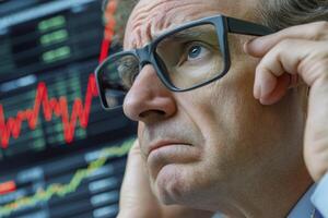 Worried Investor Eyes Plummeting Stock Market Anxious man in glasses watches a financial graph crash, depicting economic downturn and investment risk Stress and concern are evident in his expression photo