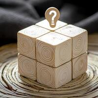 Wooden Puzzle Cube A captivating close-up showcasing a handcrafted wooden puzzle cube, highlighting its intricate wood grain details and geometric design, inviting viewers to ponder the challenge it photo