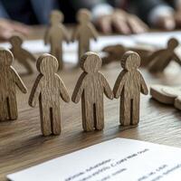 Wooden figures symbolize teamwork, collaboration, and unity, showcasing the power of working together towards a common goal This image represents the interconnectedness of individuals in achieving photo