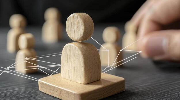 Wooden Figures Networking Exploring the Power of Connection, Collaboration, and Teamwork in a Modern Business Environment, Depicted Through a Close-Up Image Featuring Wooden Figurines Linked by photo