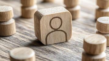 Wooden Blocks Representing Individuals in a Selective Environment, Featuring a Focused Cube with a Person Icon, Surrounded by Blurred Cubes, Emphasizing Individuality and Standing Out From the Crowd photo