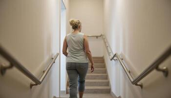 Woman Ascending Stairs A Modern Depiction of Indoor Architecture and Personal Journey, Featuring a Blonde Female Figure in Casual Attire Climbing White Steps with Handrails, Symbolizing Progress and photo