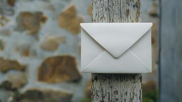 White Envelope on Rustic Wooden Post A Close-Up of Correspondence and Texture, Capturing the Simplicity and Beauty of Mail Communication, Ideal for Designs Focused on Letters, Messages, and the Art photo