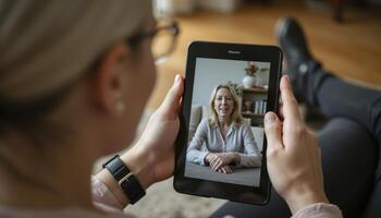 Woman Relaxing at Home Using Tablet for Call with Friend or Family Member, Enjoying Technology and Connection, Lifestyle and Comfort, Communication Made Easy, Virtual Meeting and Digital Age photo