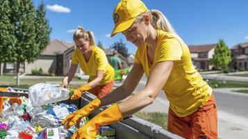Volunteers diligently sort recyclable materials in a community cleanup effort, showcasing environmental responsibility and teamwork This image highlights the importance of recycling for a sustainable photo