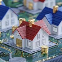Visualize the dynamic intersection of real estate, technology, and finance with this captivating image showcasing miniature houses atop a circuit board, symbolizing smart homes, property investments photo