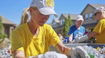 Volunteers dedicate their time to environmental cleanup, sorting recyclable materials on a sunny day, demonstrating community engagement and responsible waste management Promoting ecological photo