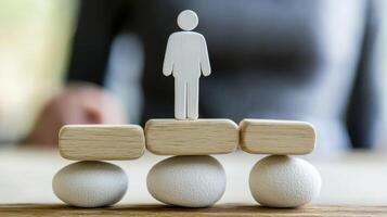 Visualizing Success A Strategic Approach to Achievement, Showcasing Leadership and Hierarchy Concepts with a Symbolic Figurine Atop Wooden Blocks Exploring Business Development, Career Growth, and photo