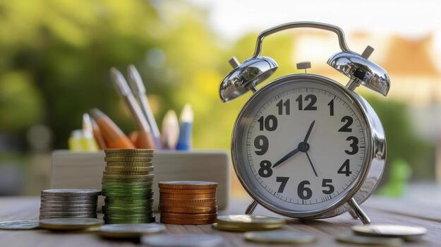 Visualize effective time management with a charming alarm clock nestled beside stacks of coins, artfully arranged pencils, and a vibrant green backdrop, encapsulating the essence of financial photo