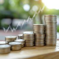 Visualize Financial Growth Silver Coins Stacked High Depicting Investment Success and Increased Savings, Showcasing Wealth Accumulation, Financial Planning, and Portfolio Expansion, Highlighted by an photo