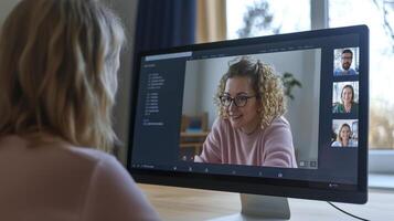 Virtual Meeting Success Empowering Remote Collaboration Through Effective Conferencing Strategies, Showcasing Diverse Teams Connecting Seamlessly on a Large Monitor, Facilitating Productive photo