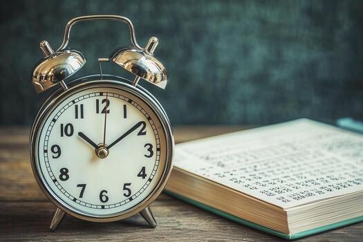 Vintage Alarm Clock and Open Book on Wooden Surface Capture the Essence of Time, Learning, and Nostalgia with this Timeless Image Depicting Academic Pursuits, Personal Reflections, and the Beauty of photo