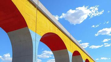Vibrant Bridge Against Azure Sky A Colorful Architectural Marvel Under a Bright Blue Sky Discover the unique design and artistic flair of this bridge, showcasing its structural elegance and vivid photo