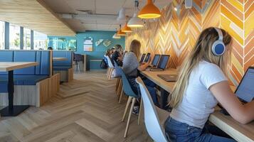 Vibrant co-working space promoting collaboration and innovation, featuring ergonomic workstations with bright orange and blue accents, natural light streaming through large windows, creating a photo