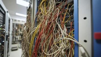 Untangling the Tech Knot Navigating the Chaotic World of Server Room Cabling, a Close-Up Exploration of Network Infrastructure's Wiring Mess, a Digital Jungle of Interconnected Cables, Understanding photo
