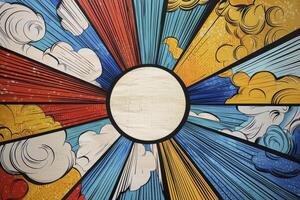 Vibrant Abstract Circular Design with Radial Color Bursts and Dynamic Cloud Formations, a Modern Artistic Representation of Energy and Creativity, Ideal for Backgrounds and Graphic Projects photo