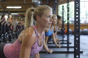 Unleash Your Inner Strength Empowering Women in Fitness, Witnessing Dedication and Teamwork in a Dynamic Gym Setting, Capturing the Essence of a Group Workout Session with Determined Athletes Find photo