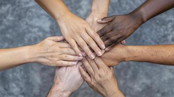 United Hands A Visual Representation of Diversity, Inclusion, and Collaboration, Showcasing Interracial Unity and Teamwork Explore the Strength in Togetherness, Celebrating the Beauty of Human photo