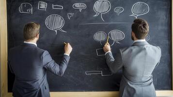 Two Businessmen Collaborating on Strategy and Ideas A Dynamic Visual Depiction of Teamwork, Problem Solving, and Creative Thinking in a Corporate Setting, Featuring Figures Analyzing Charts, Graphs photo
