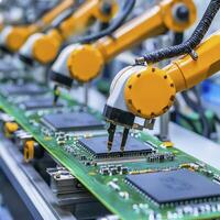 This vibrant image showcases a state-of-the-art robotic arm meticulously assembling electronic components on a printed circuit board, illustrating the precision and efficiency of modern automated photo