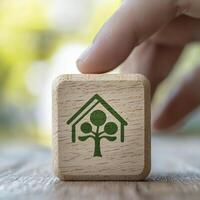Sustainable Living Concept Hand Placing Wooden Block with Green Home and Tree Icon, symbolizing Eco-Friendly Lifestyle, Environmental Protection, Renewable Energy, and Sustainable Development Focus photo