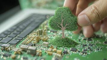 Sustainable Technology and Green Computing Exploring eco-friendly IT solutions with this captivating image of a miniature tree growing on a circuit board Visualize the convergence of nature and photo