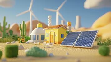 Sustainable Future A Captivating Image of Renewable Energy Sources Coexisting in a Desert Landscape, Showcasing the Harmony Between Wind Turbines, Solar Panels, and a Unique Architectural Structure photo