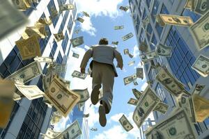 Success Achieved Imagine running towards your financial freedom as money rains down from the sky This powerful image symbolizes ambition, achievement, and prosperity Let this inspire you to chase photo