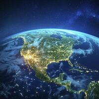 Stunning View of Earth from Space A High-Resolution Image Showcasing North America at Night, Illuminating City Lights and Geographical Features Explore the Beauty of Our Planet with this Detailed photo