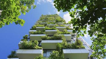 Stunning Vertical Forest Building An Architectural Marvel Where Nature Embraces Urban Design, Featuring Lush Greenery Cascading From Balconies, Creating A Harmonious Blend Of Cityscape And Ecology photo