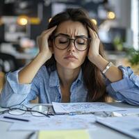 Stressed Woman at Desk High-Quality Stock Photo of a Young Professional Experiencing Work-Related Anxiety, Featuring a Female Entrepreneur or Employee, with a Focus on Mental Health, Burnout, and