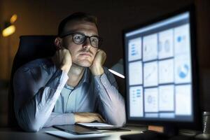 Stressed Businessman Working Late at Night on Data Analysis A Depiction of Modern Work Challenges, Featuring Fatigue, a Dimly Lit Office, Financial Reports Displayed on a Computer Screen, and the photo