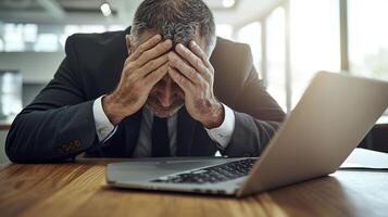 Stressed Businessman Feeling Overwhelmed and Exhausted at His Desk High-Resolution Image Capturing the Challenges of Modern Work, Burnout, Anxiety, and the Pressures of Corporate Life Explore the photo